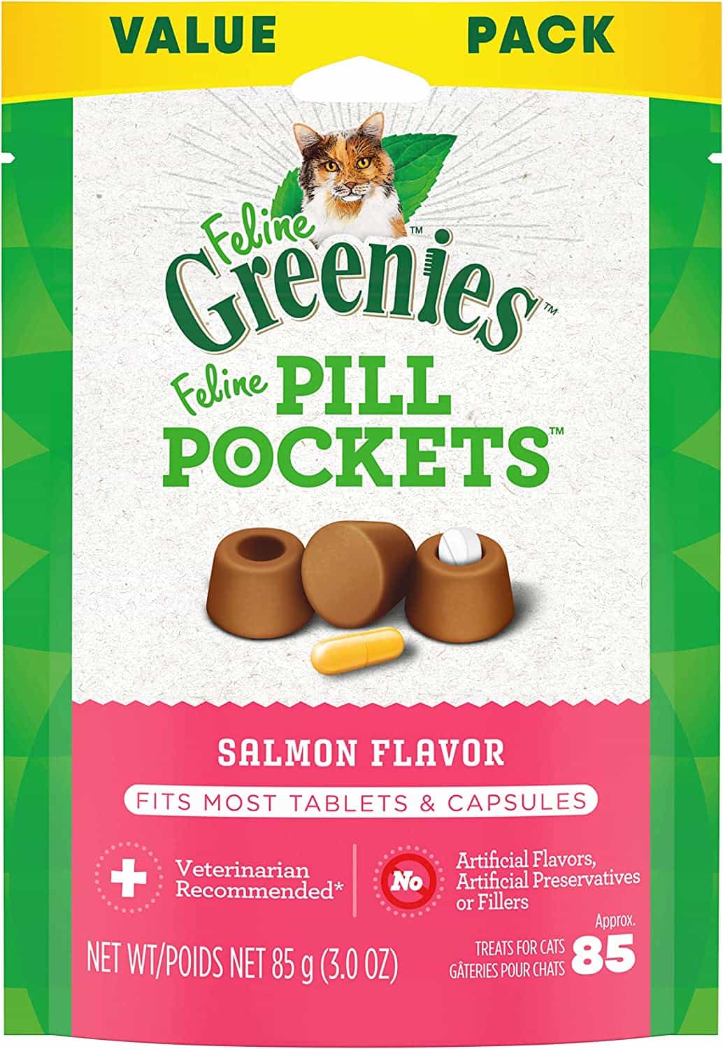 Greenies Pill Pockets for Cats, Natural Soft Treats, Salmon Flavor, 3 oz. Pack (85 Treats)
