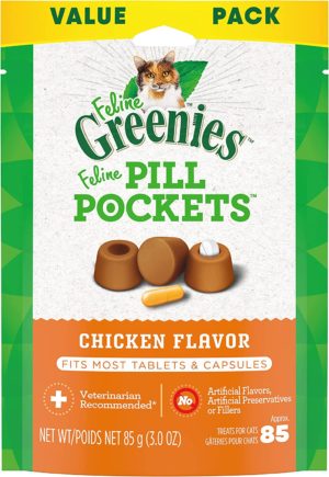 Greenies Pill Pockets for Cats, Natural Soft Cat Treats, Chicken Flavor, 3 oz. Pack (85 Treats)