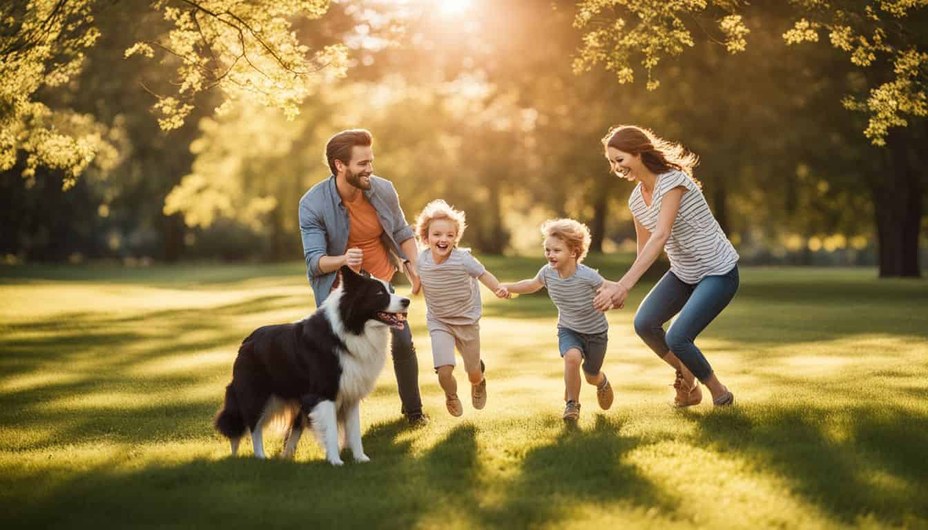 happy family playing outside with border collie