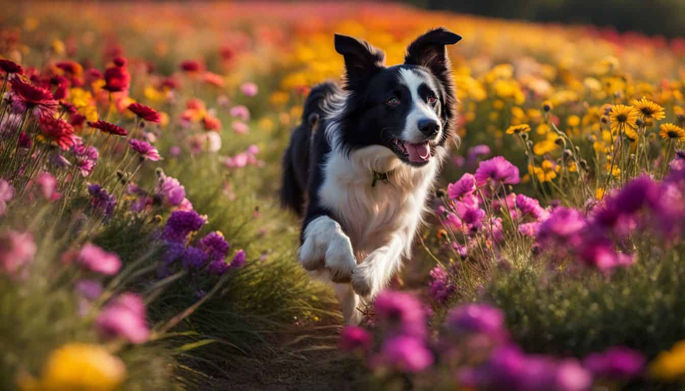 border collie surrounded by flowers