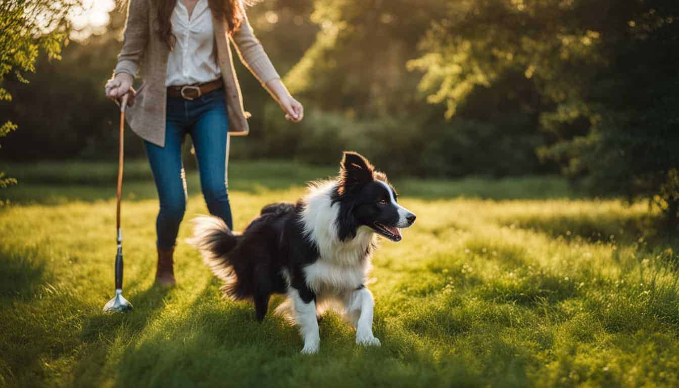 woman and border collie walking in a yard