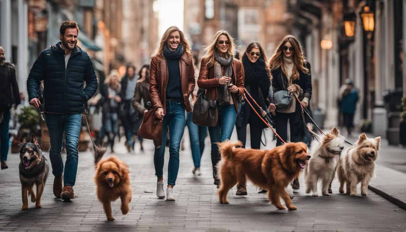 woman walking with several dogs on leash in city