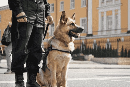 german shepherd wearing a working vest