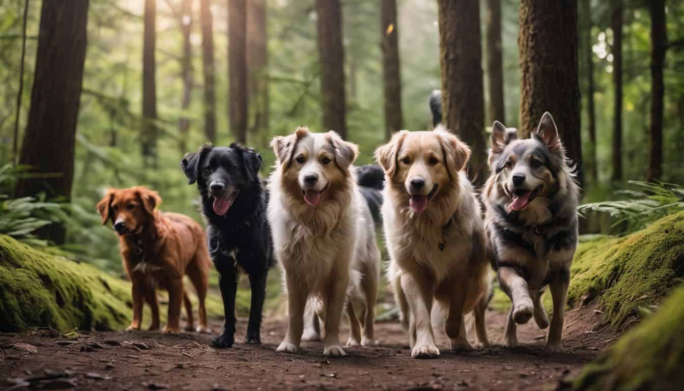 several dogs in a forest in a line