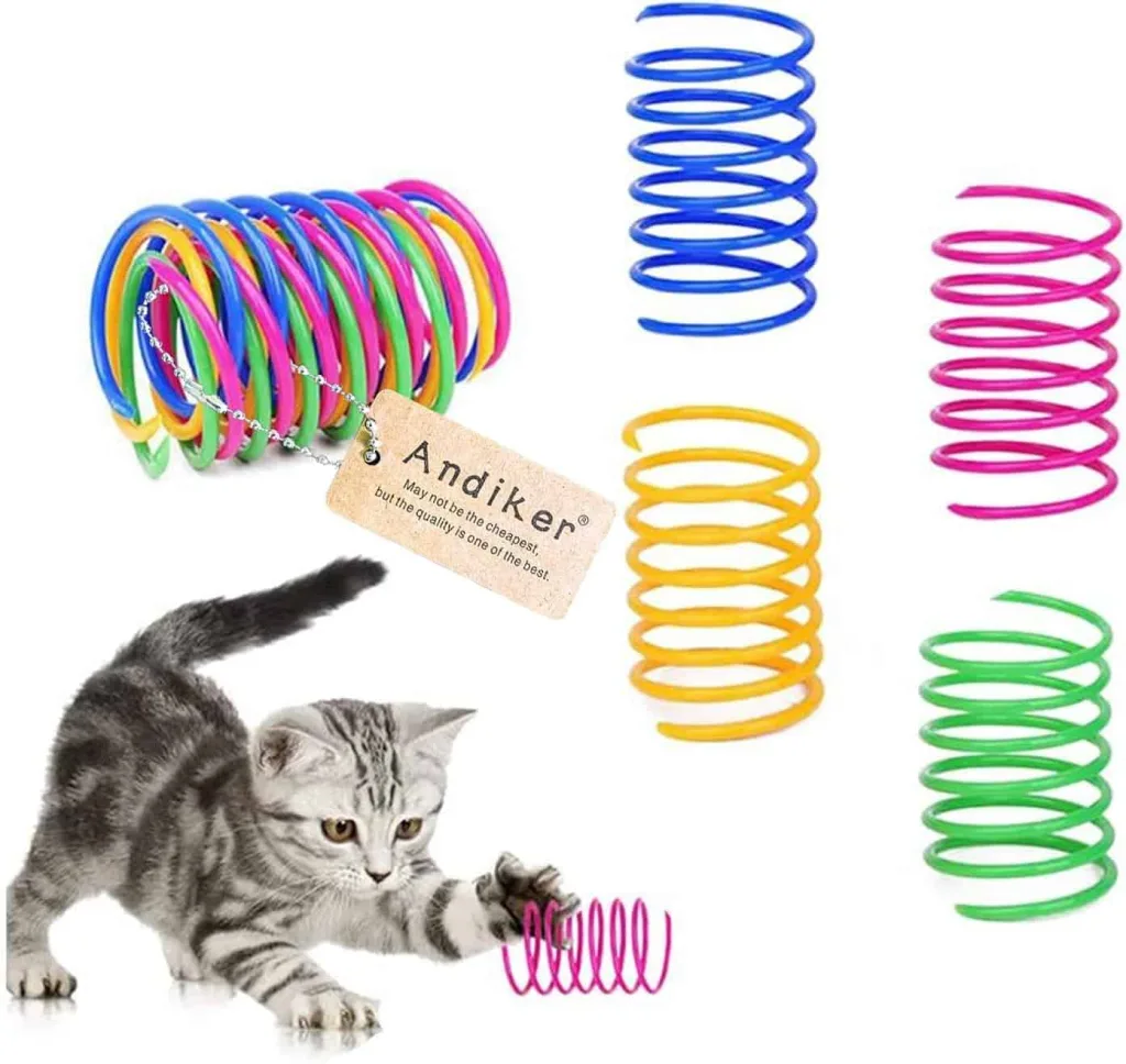 Andiker sprial spring cat toy Cat surrounded by colorful spring shaped toys