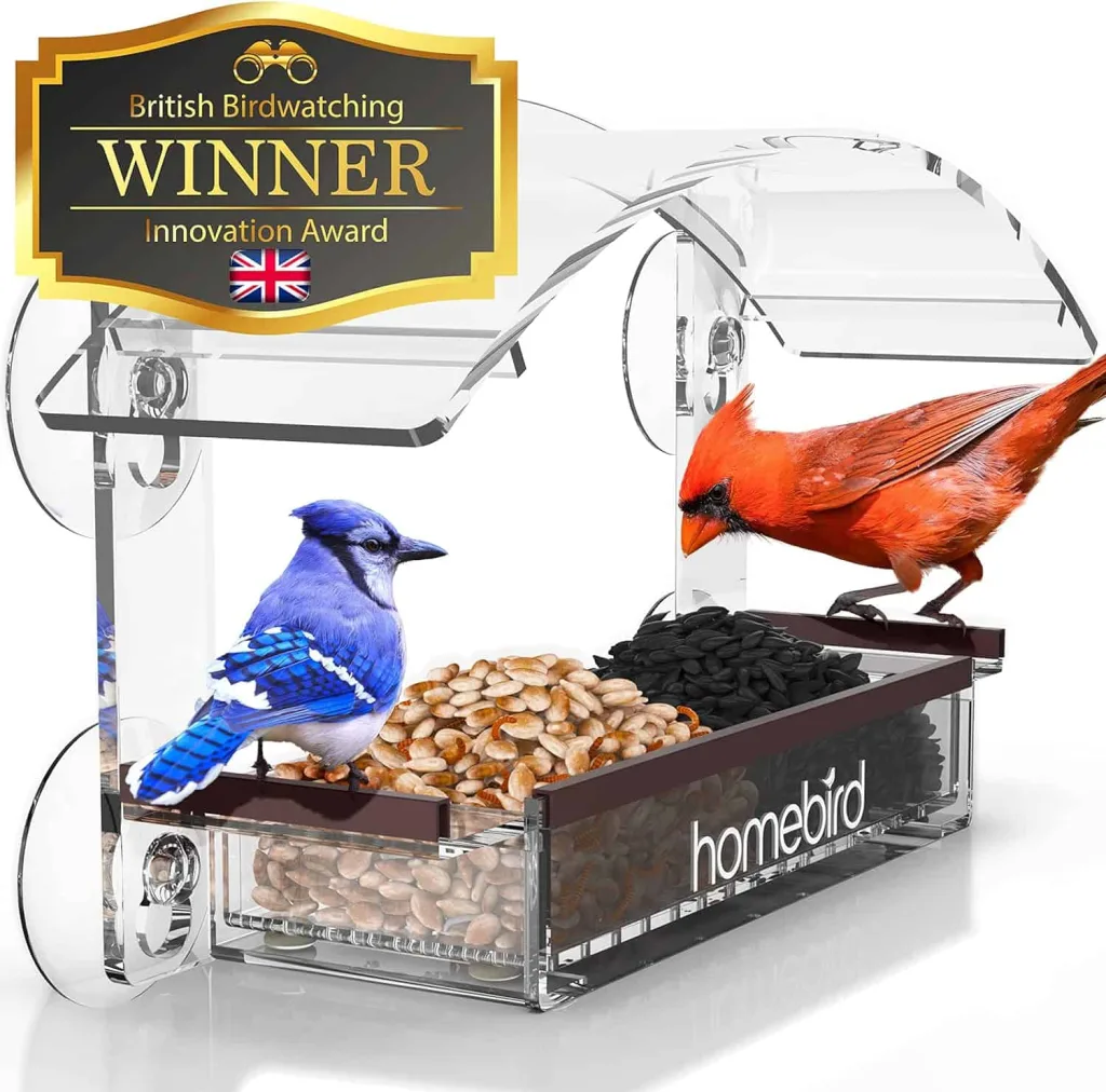 Homebird window feeder for cats Red and blue bird in clear bird feeder