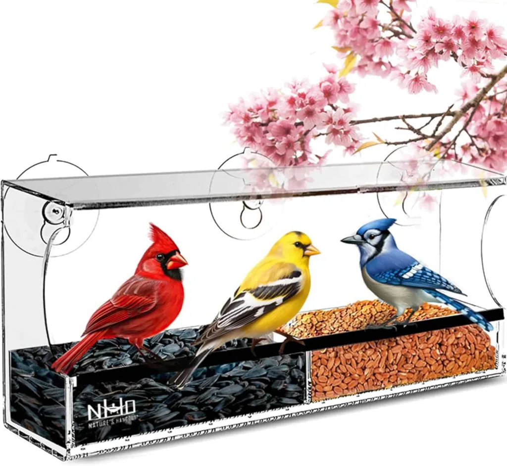 Natures hangout bird window feeder for cats clear bird feeder with 3 birds in it