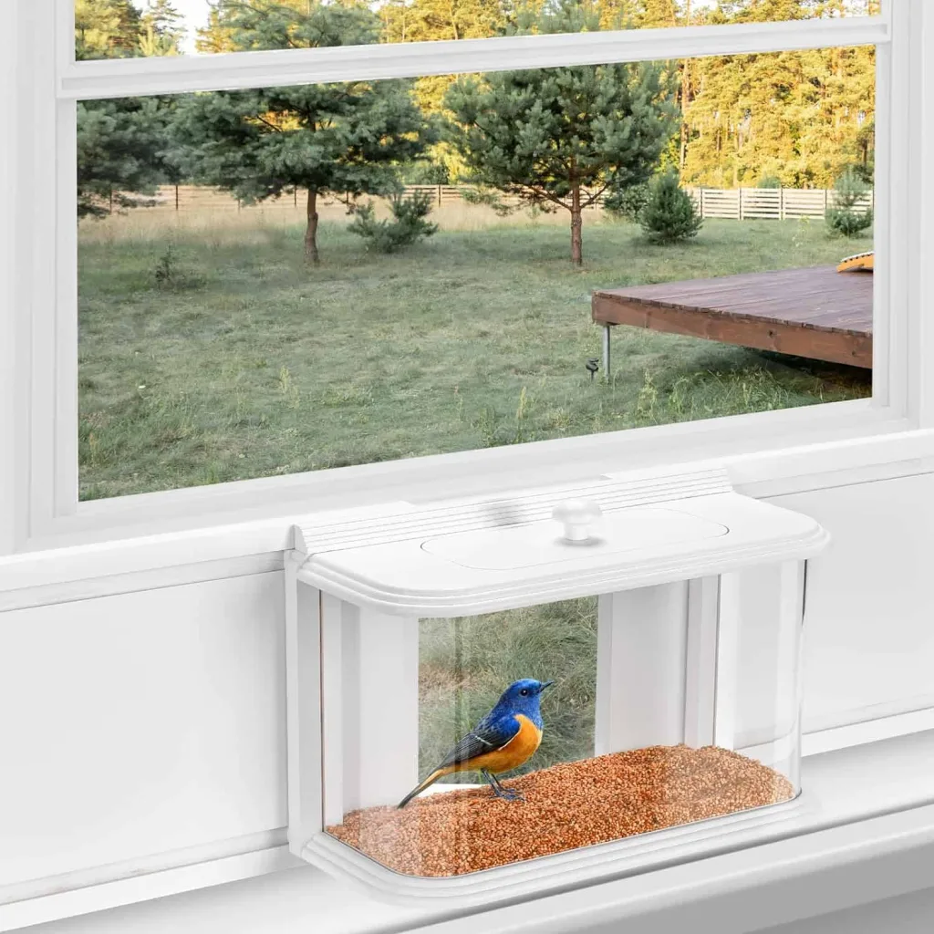 Virotee window bird feeder for cats white window with bird feeder inside of it