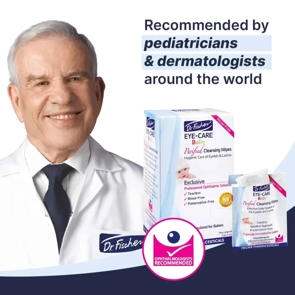 up close image of doctor with package of Dr. Fischer eye wipes