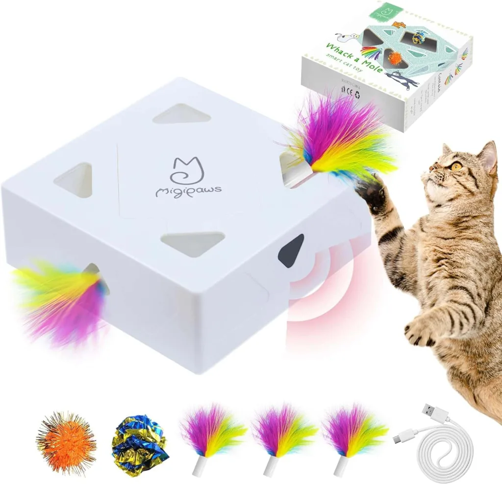 migipaws cat toy white box with colorful feathers and cat playing with it