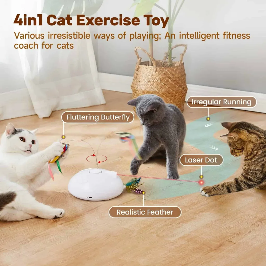 potaroma fluttering butterfly cat toy 3 cats playing with white toy with butterfly's attached