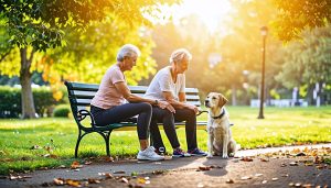 2 women sitting on bench and petting dog