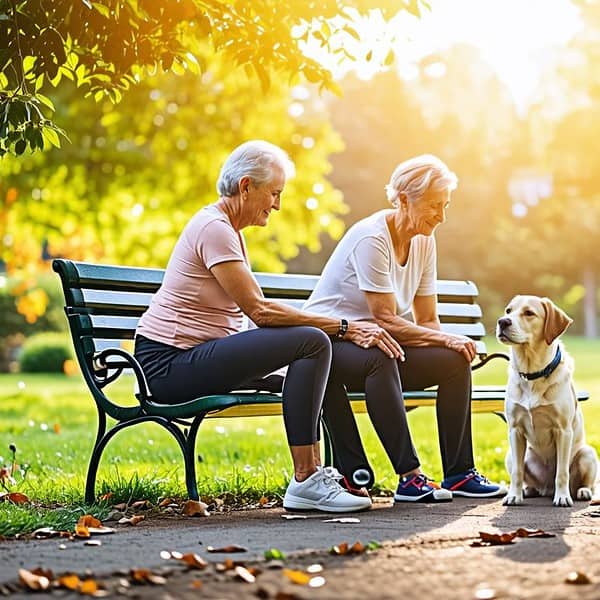 2 women sitting on bench and petting dog