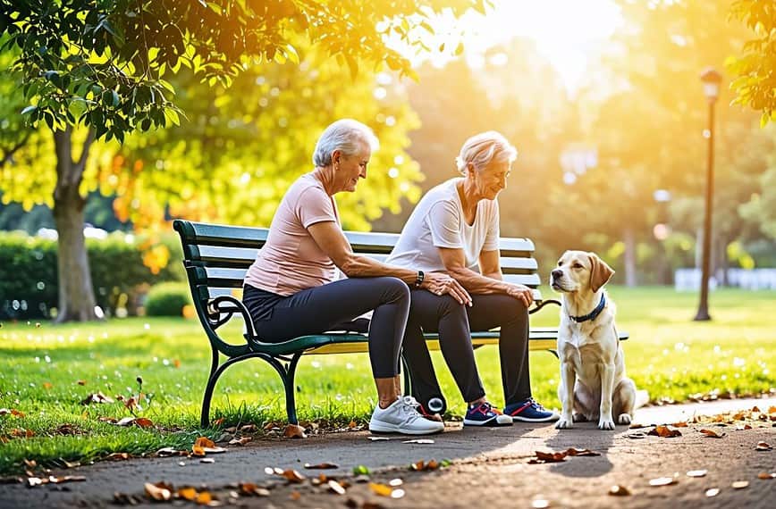 2 women sitting on bench and petting dog