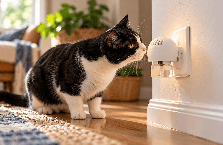 Black and white cat sniffing a feline pheromone diffuser plugged into a wall