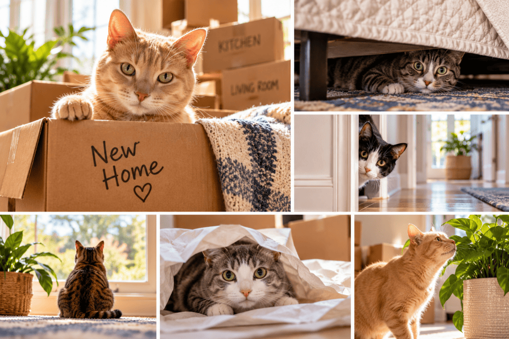 collage of cats in new house