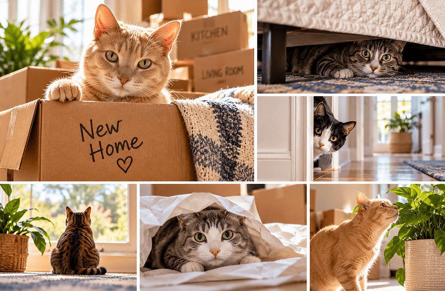 collage of cats in new house