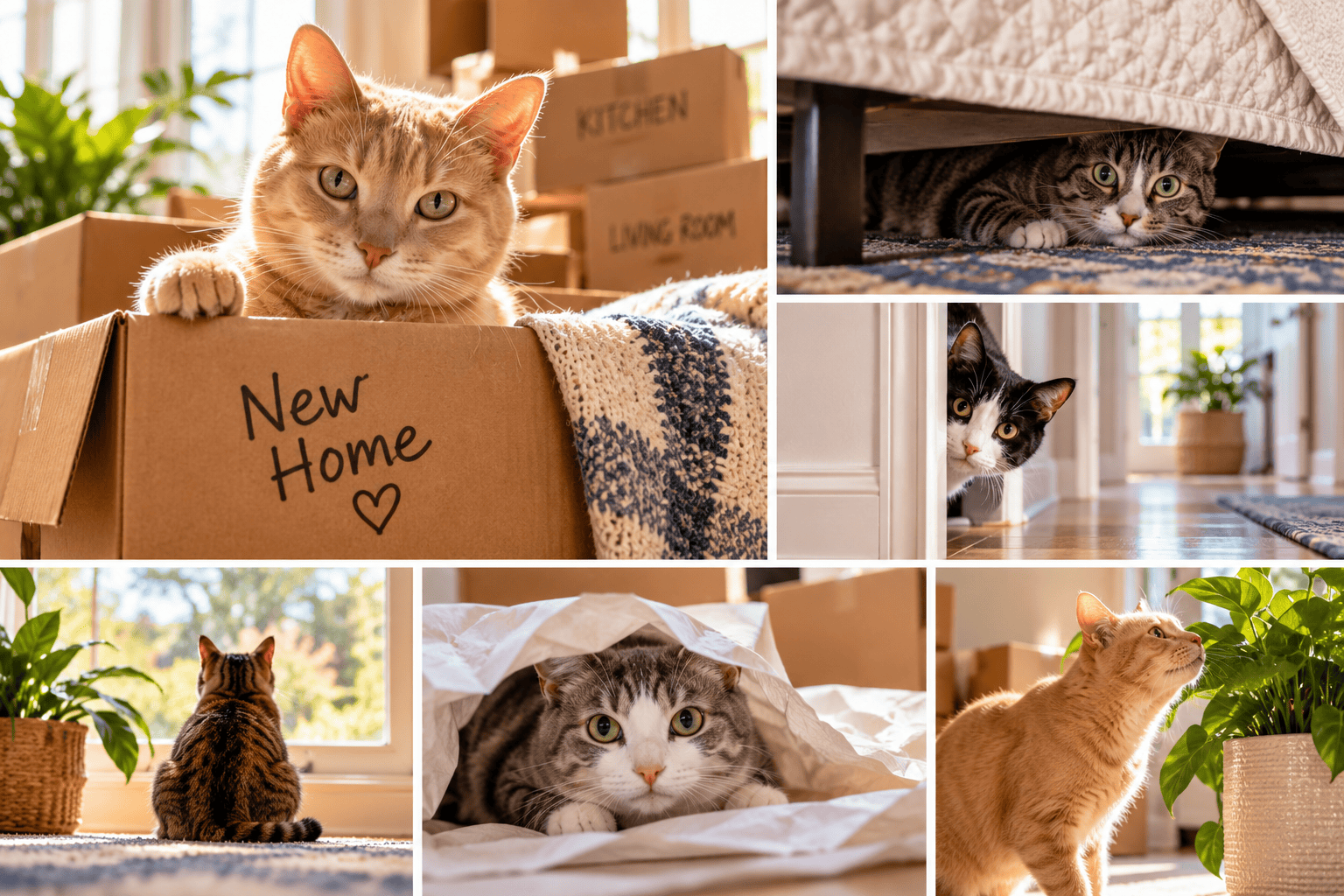 collage of cats in new house