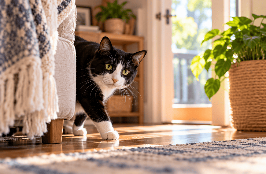 Black and white cat hiding behind sofa